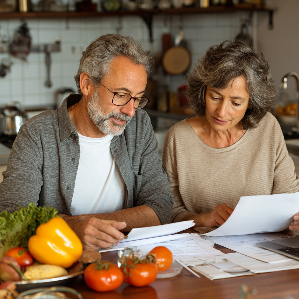 Middle-aged adults reviewing meal plans at kitchen table