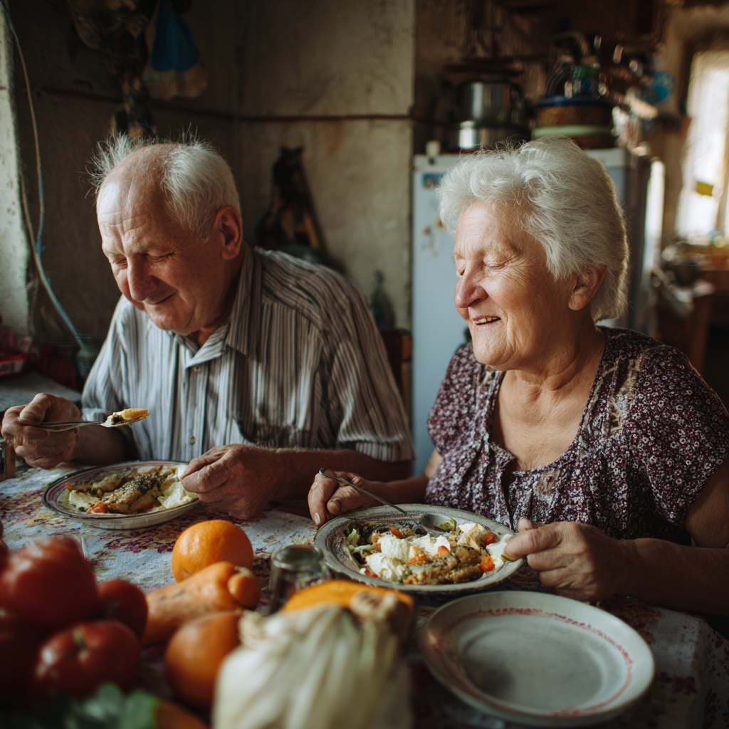 Older adults sharing a balanced, healthy meal in relaxed home setting